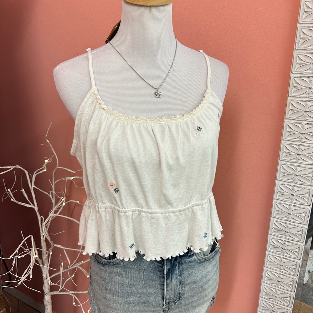 American Eagle Outfitters Cream Floral Ruffle Hem Cami Tank